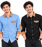 2 Pcs Denim SP Contrast Full Sleeve Shirt- Black +Sky