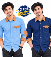 2 Pcs Denim SP Contrast Full Sleeve Shirt-Sky+Navy