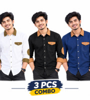 3 Pcs Denim SP Contrast Full Sleeve Shirt- Black +White+Navy