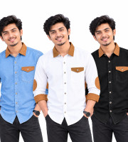 3 Pcs Denim SP Contrast Full Sleeve Shirt- Black +White+Sky