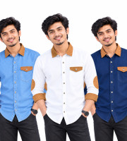 3 Pcs Denim SP Contrast Full Sleeve Shirt- Sky +White+Navy