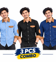3 Pcs Denim SP Contrast Full Sleeve Shirt- Sky+Black+Navy