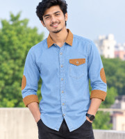 1 Pcs Denim SP Contrast Full Sleeve Shirt- Sky
