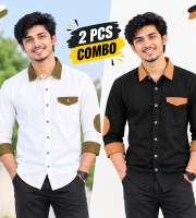 2 Pcs Denim SP Contrast Full Sleeve Shirt- Black +White
