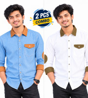 2 Pcs Denim SP Contrast Full Sleeve Shirt-Sky+White