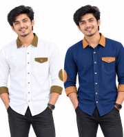 2 Pcs Denim SP Contrast Full Sleeve Shirt- Navy+White