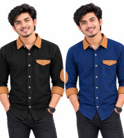 2 Pcs Denim SP Contrast Full Sleeve Shirt- Black +Navy